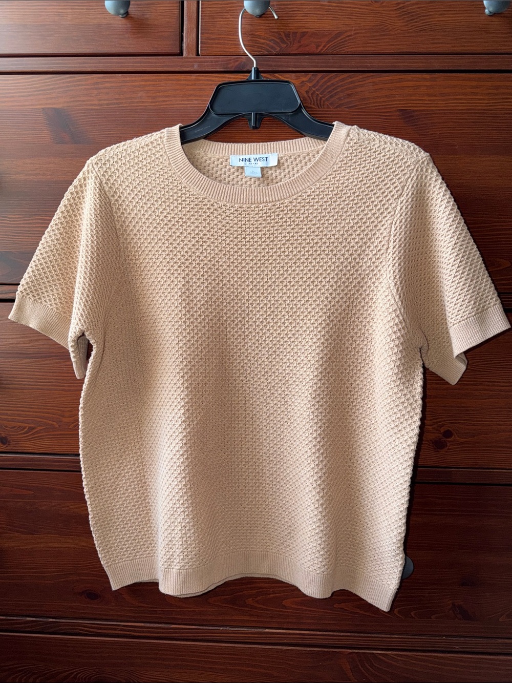 Nine West Short-Sleeve Textured Knit Top Caramel Short Sleeve Sweater Size L